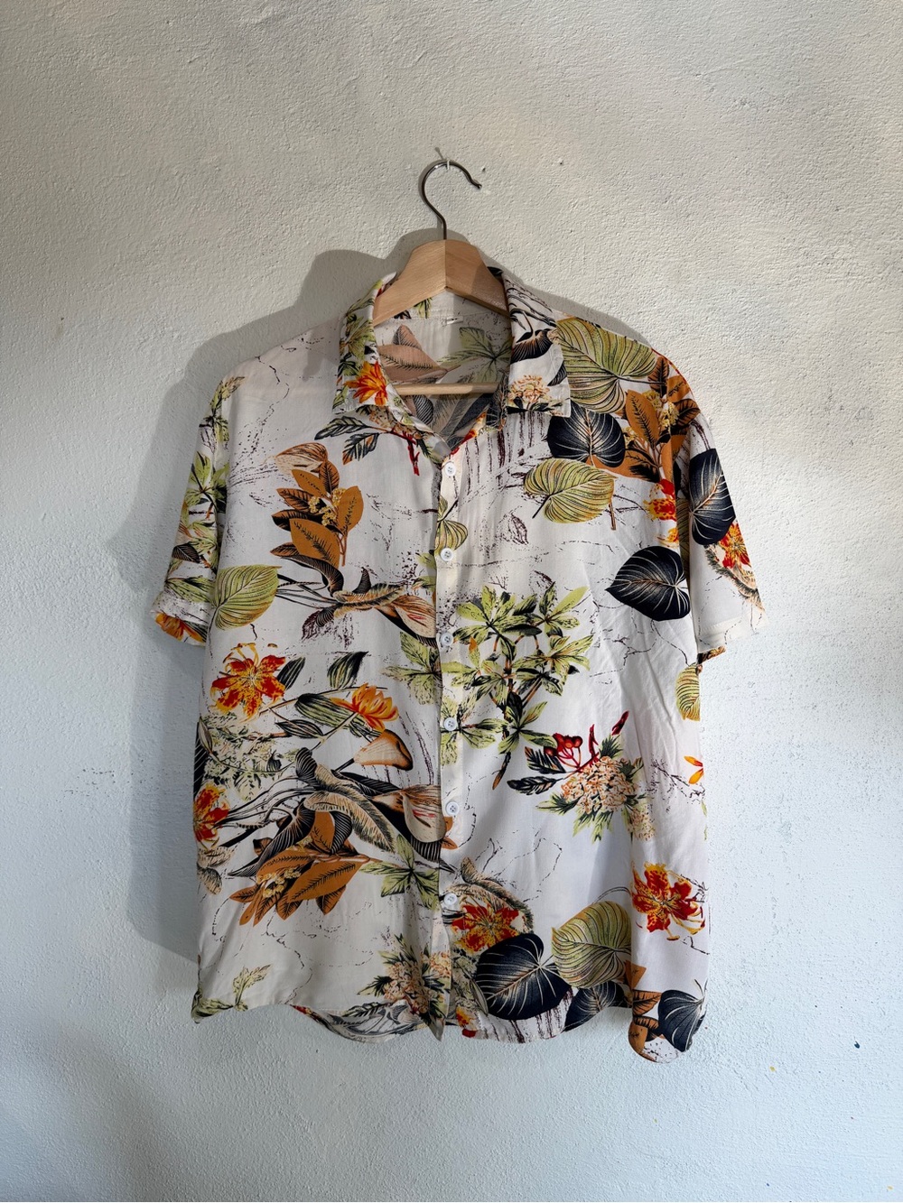 Men's Floral Short-Sleeve Button-Up Shirt - White/Green/Brown